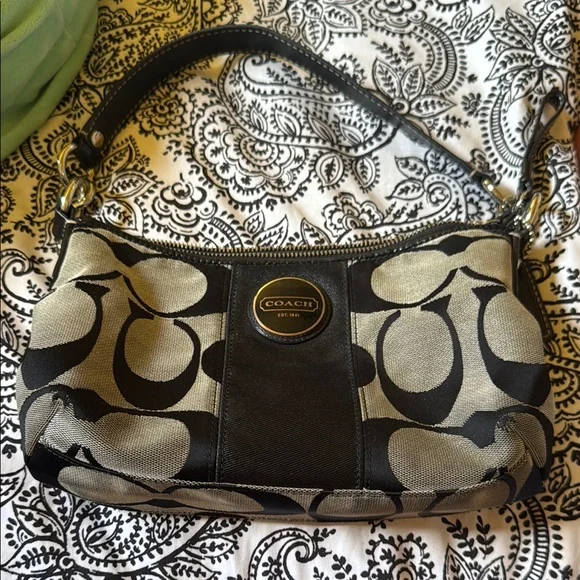 Coach Black and Gray/Tan Signature Shoulder Bag with Leather Trim - Picture 1 of 7